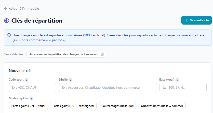 Écran Clés de répartition de Syndic24 : création d'une nouvelle clé avec code court, libellé, base et modes rapides