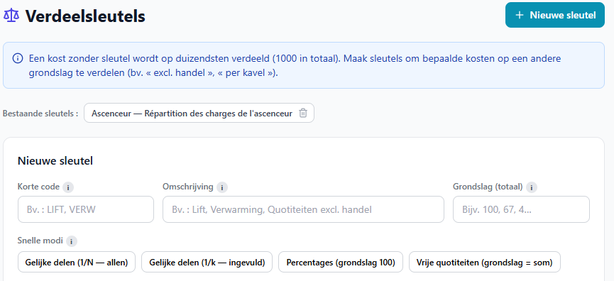 Scherm Verdeelsleutels van Syndic24: een nieuwe sleutel aanmaken met korte code, omschrijving, grondslag en snelle modi